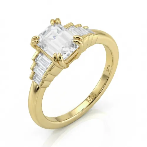 Rectanglo - Smaragd Geslepen Moissanite Ring met Baguette Accenten
