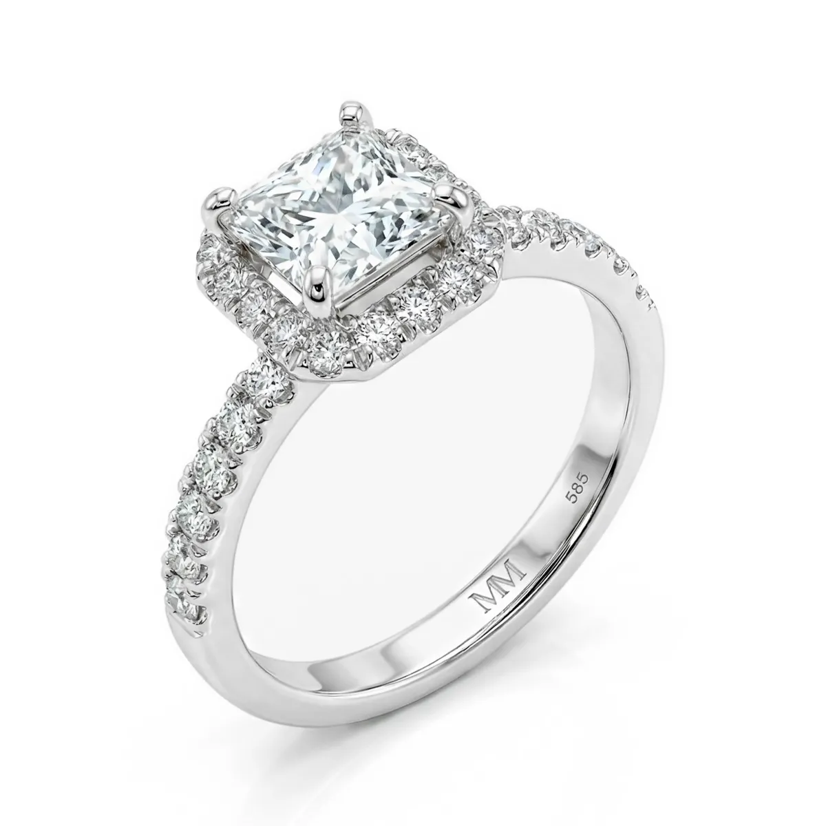 Regalia - Princess Geslepen Moissanite Halo Ring met Pave Band