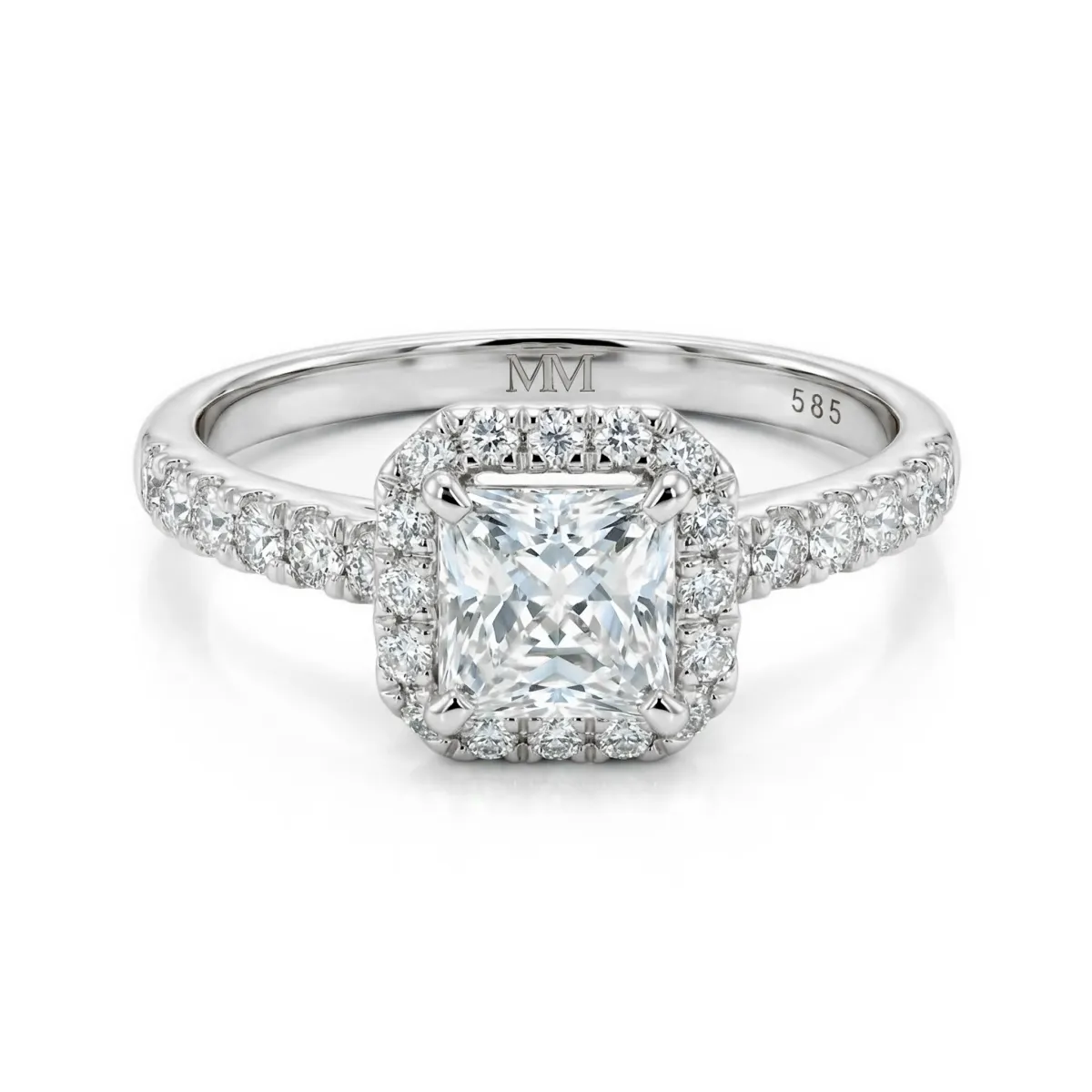 Regalia - Princess Geslepen Moissanite Halo Ring met Pave Band