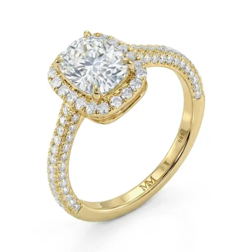 Plushette - Langwerpige Cushion Moissanite Verlovingsring Met Halo en Micropavé Schacht