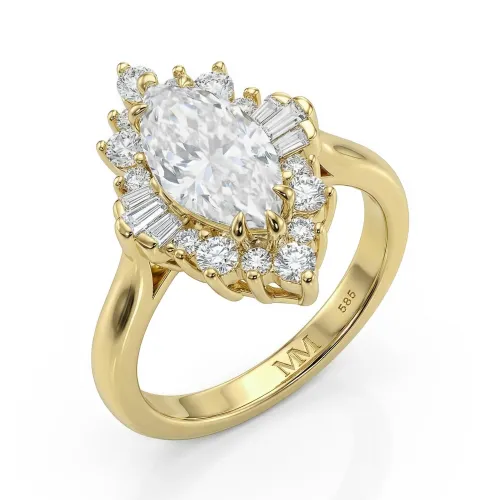 Crownique - Marquise Geslepen Moissanite Verlovingsring Met Halo En Baguette Accenten
