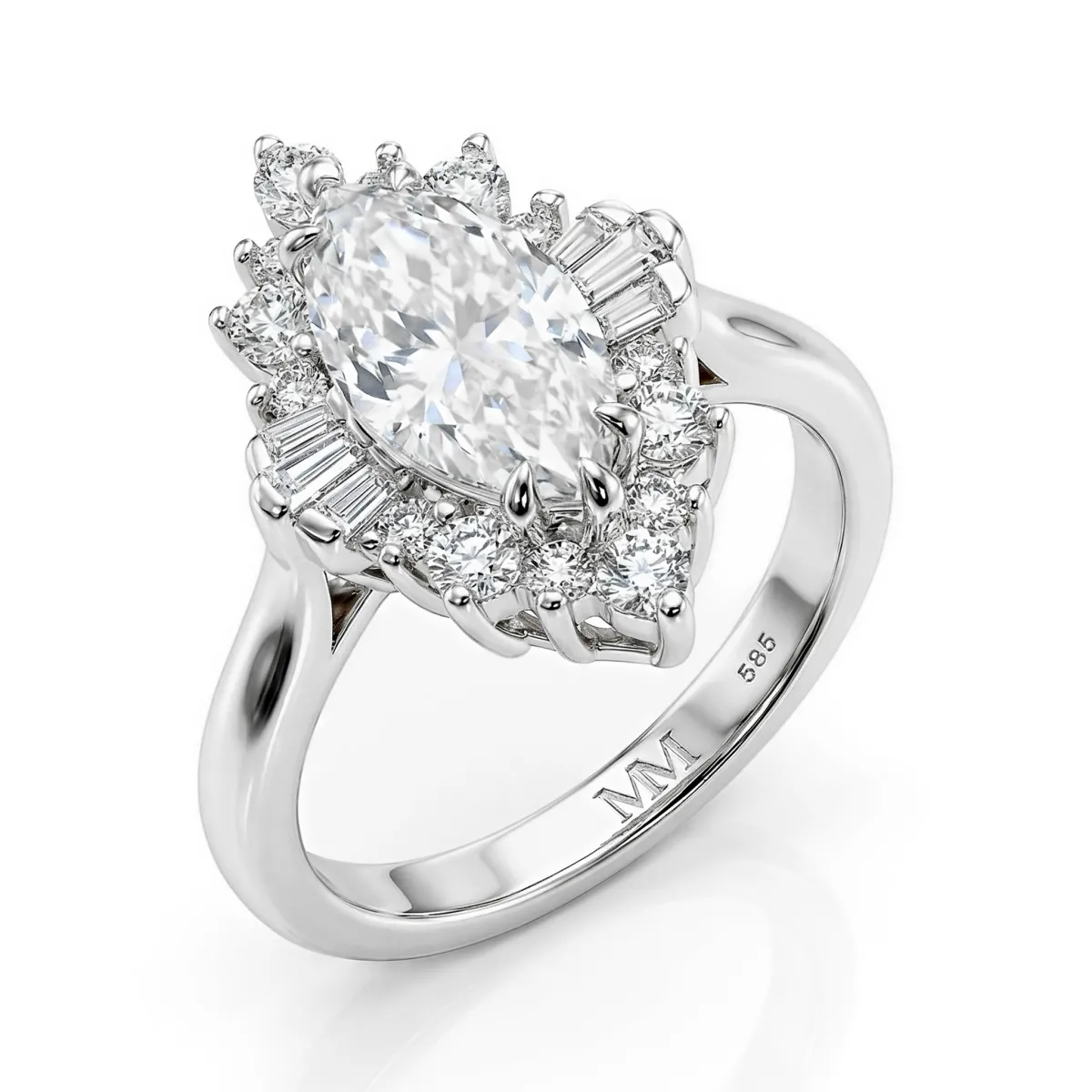 Crownique - Marquise Geslepen Moissanite Verlovingsring Met Halo En Baguette Accenten