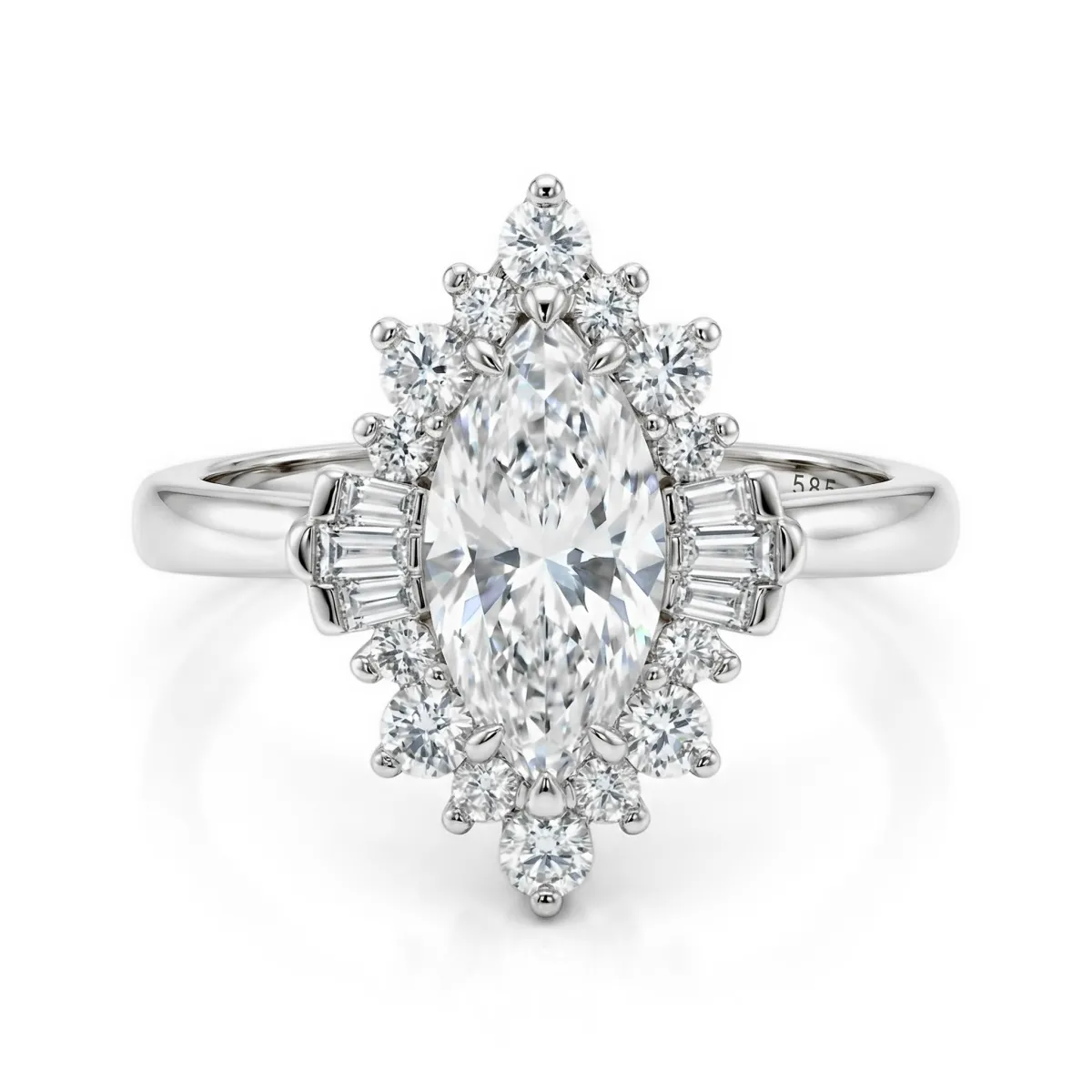 Crownique - Marquise Geslepen Moissanite Verlovingsring Met Halo En Baguette Accenten