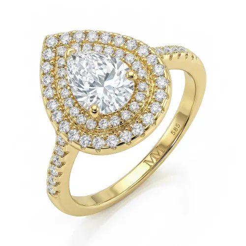 Athena - Peer Geslepen Moissanite Verlovingsring Met Dubbele Halo En Pavé Schacht