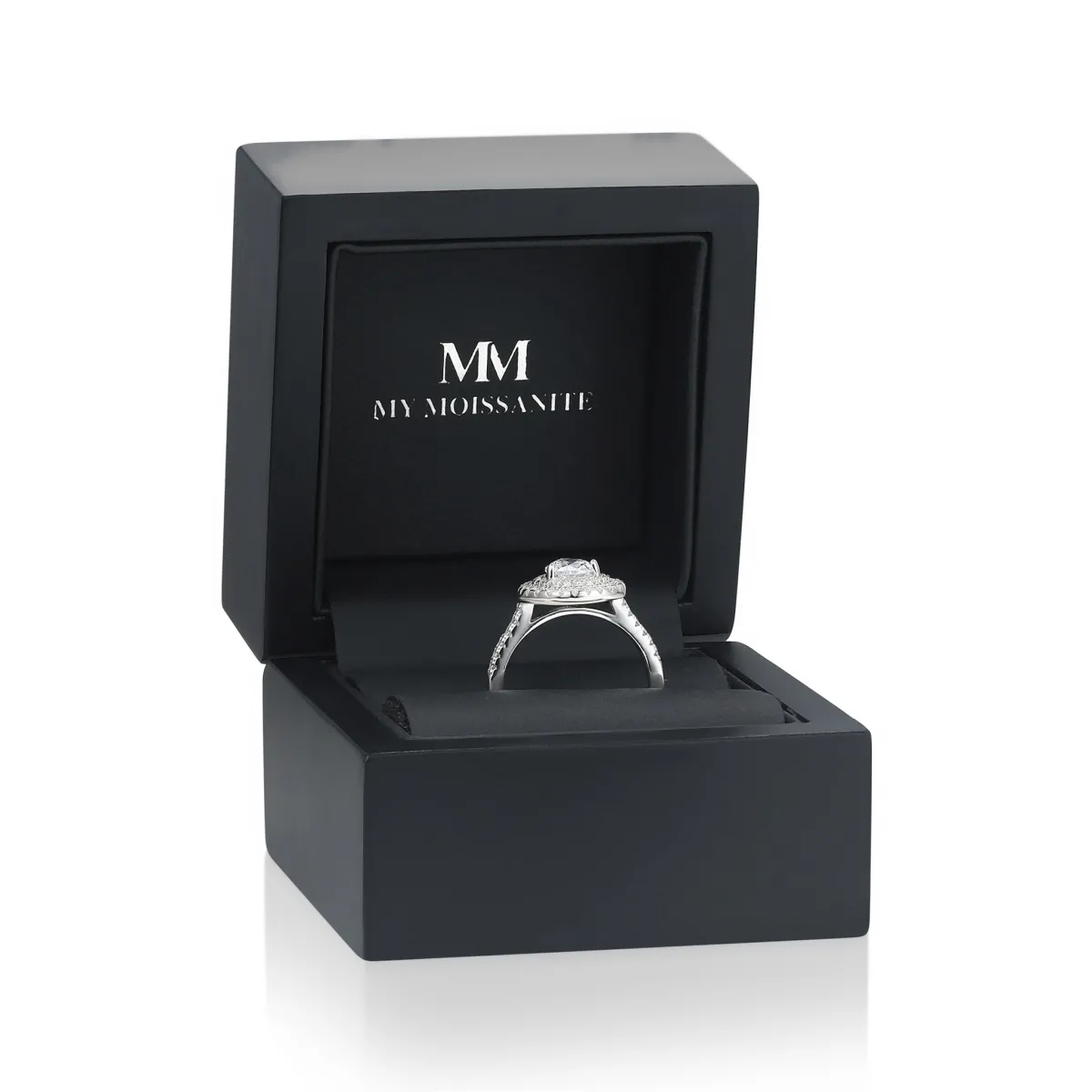 Athena - Peer Geslepen Moissanite Verlovingsring Met Dubbele Halo En Pavé Schacht