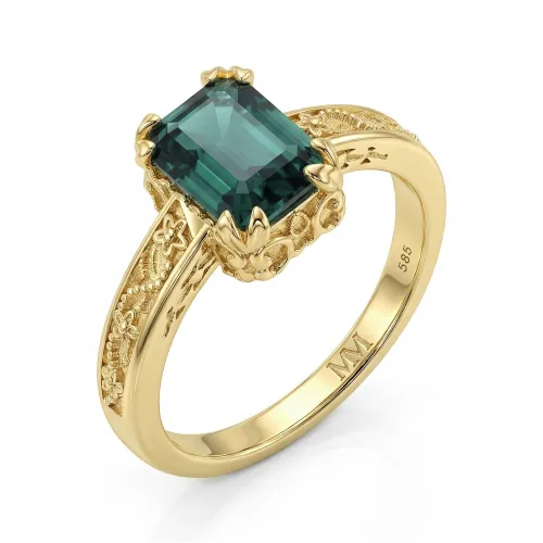 Verdisia - Vintage Smaragd Geslepen Groene Moissanite Verlovingsring met Bloemmotief