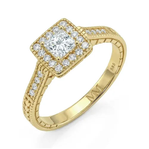 Paragone - Princess Geslepen Moissanite Halo Verlovingsring Met Textuurband