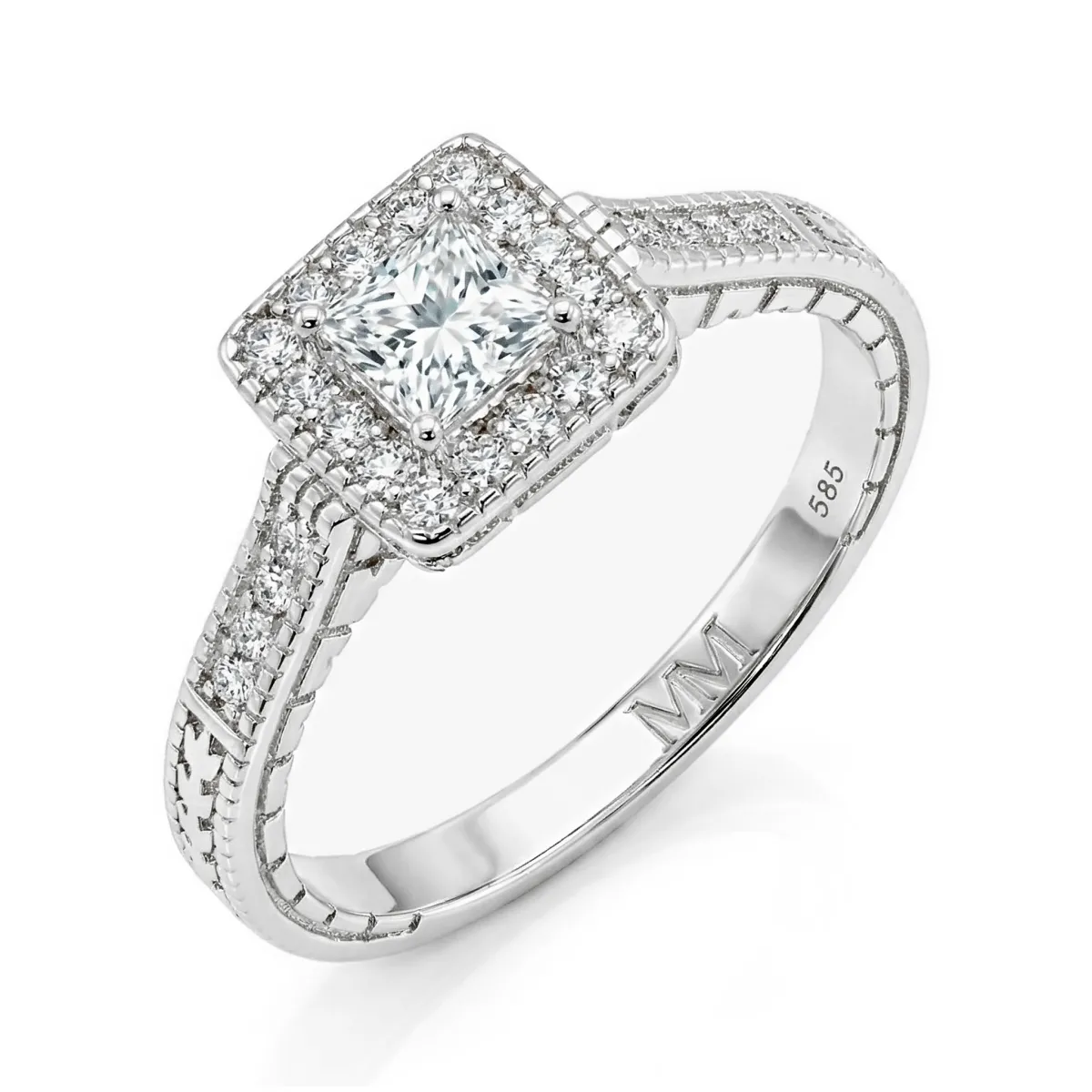 Paragone - Princess Geslepen Moissanite Halo Verlovingsring Met Textuurband