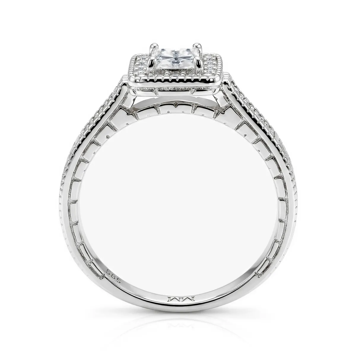 Paragone - Princess Geslepen Moissanite Halo Verlovingsring Met Textuurband