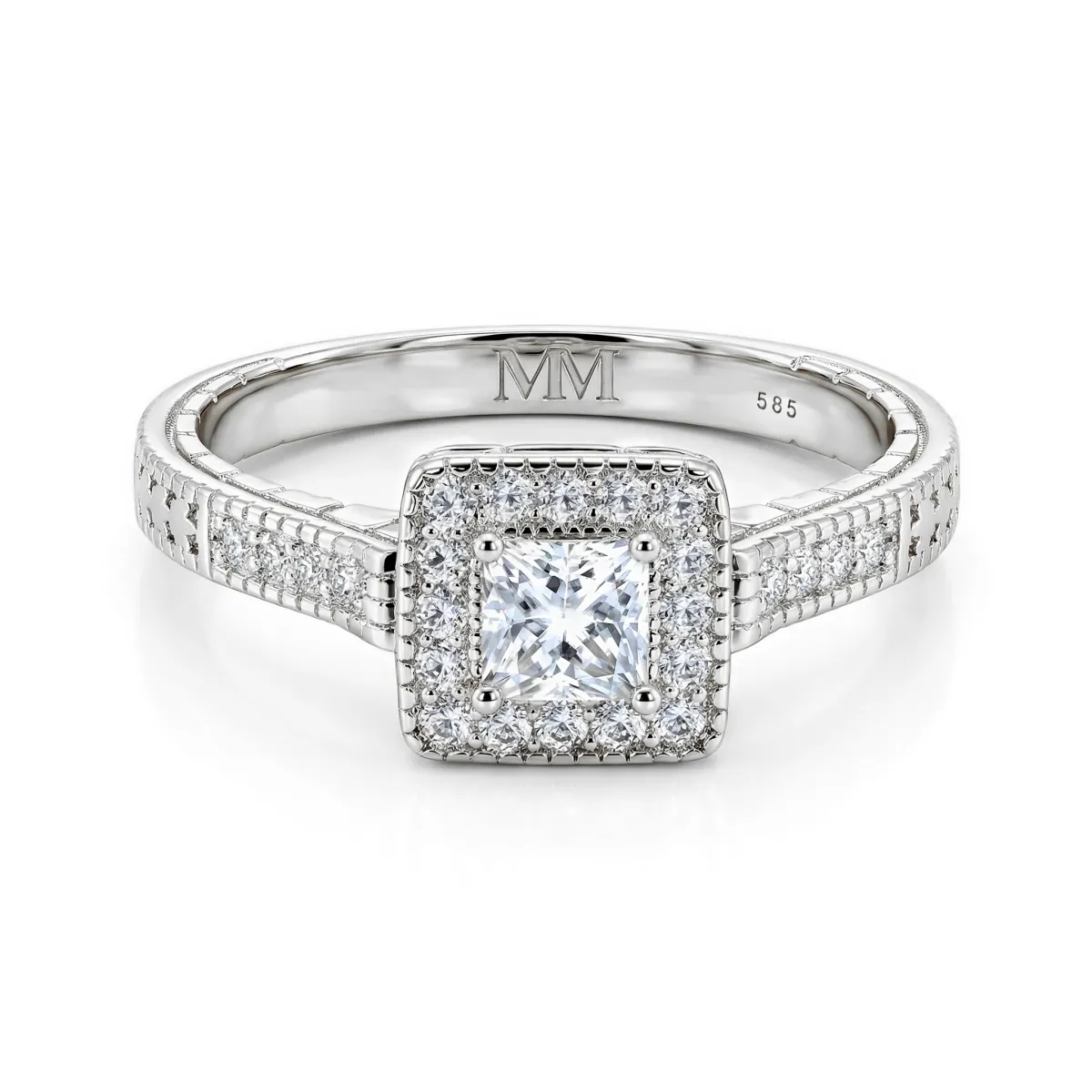 Paragone - Princess Geslepen Moissanite Halo Verlovingsring Met Textuurband