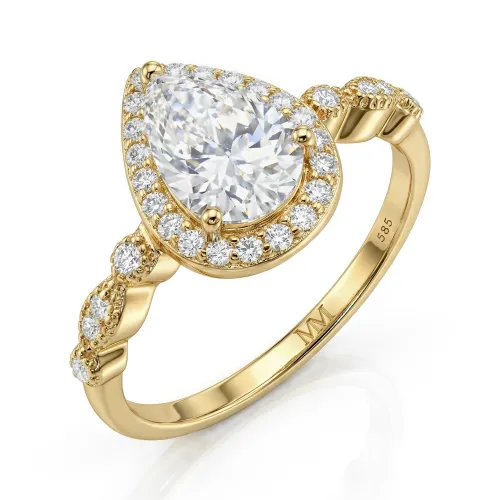 Elanore - Halo Peer Geslepen Moissanite Verlovingsring met Gedraaide Pavé Band