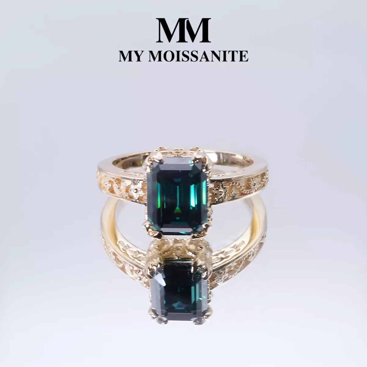 Verdisia - Vintage Smaragd Geslepen Groene Moissanite Verlovingsring met Bloemmotief