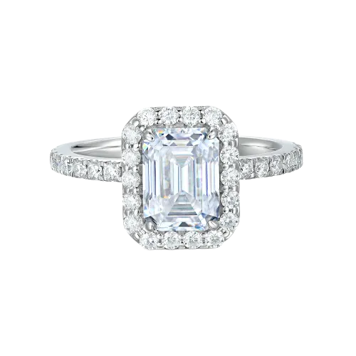 Esmeralda – Emerald Cut Moissanite Ring in Halo Setting