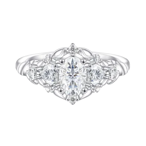 Gardenia - Owalny Moissanitowy Pierścionek Zaręczynowy z Akcentami w Kształcie Serca i Okrągłym Szlifie