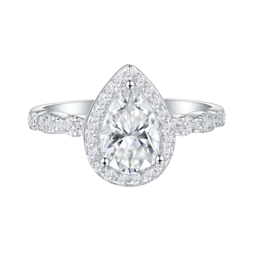 Elanore - Halo Pear Cut Moissanite Engagement Ring with Twisting Pave Band