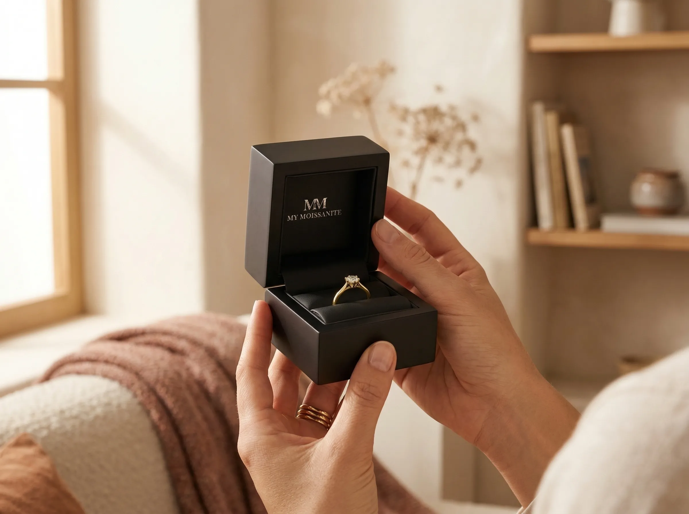 Premium houten geschenkdoos geopend met ring erin, warm natuurlijk licht