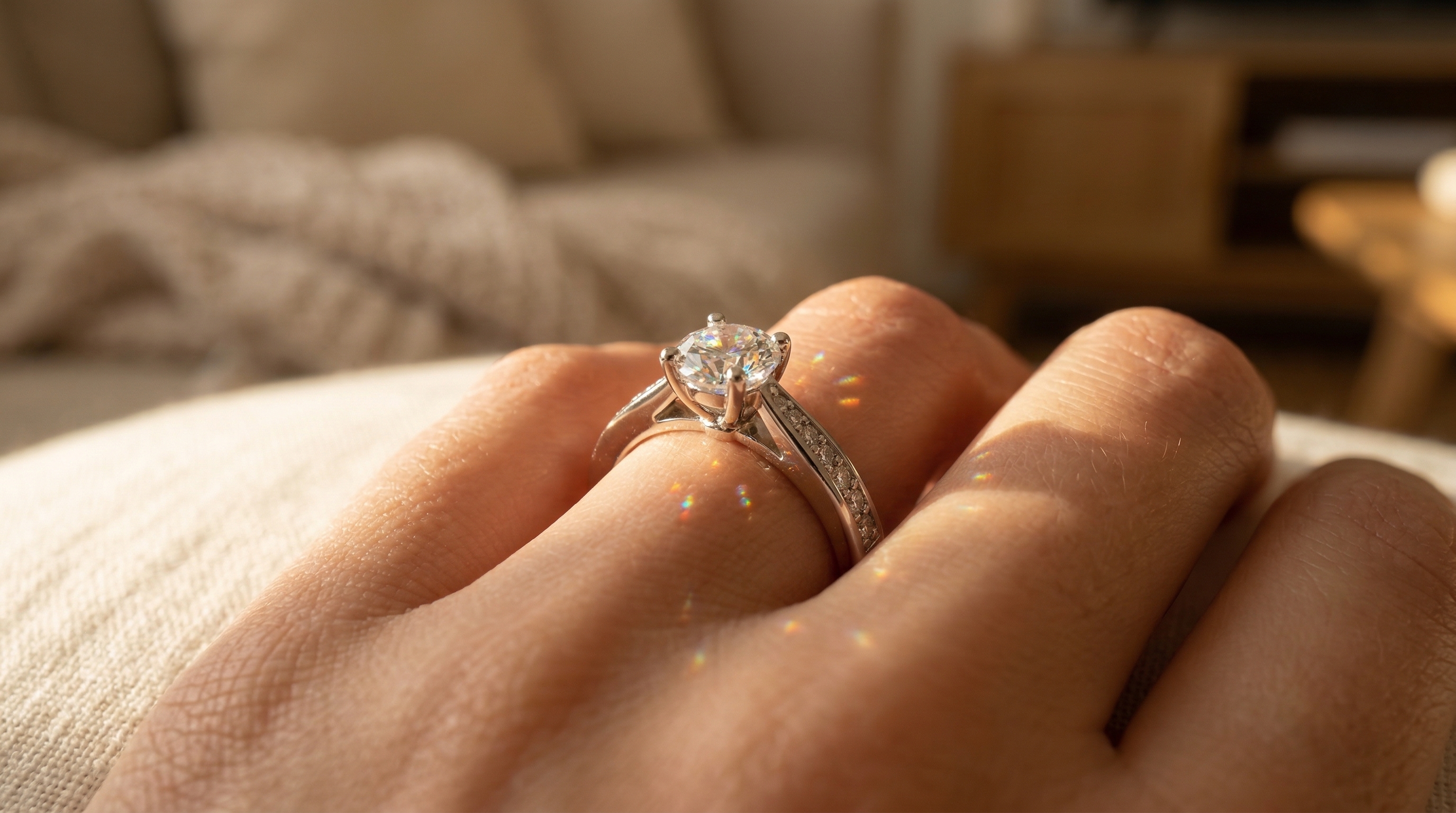 Sophia moissanite ring toont schittering en kleurrijk vuur in natuurlijk zonlicht