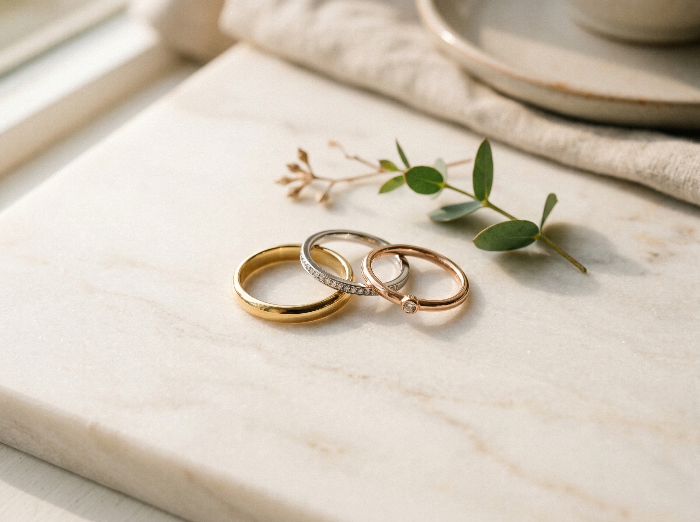 Drie ringen in geelgoud, witgoud en roségoud op een crèmekleurig marmeren oppervlak